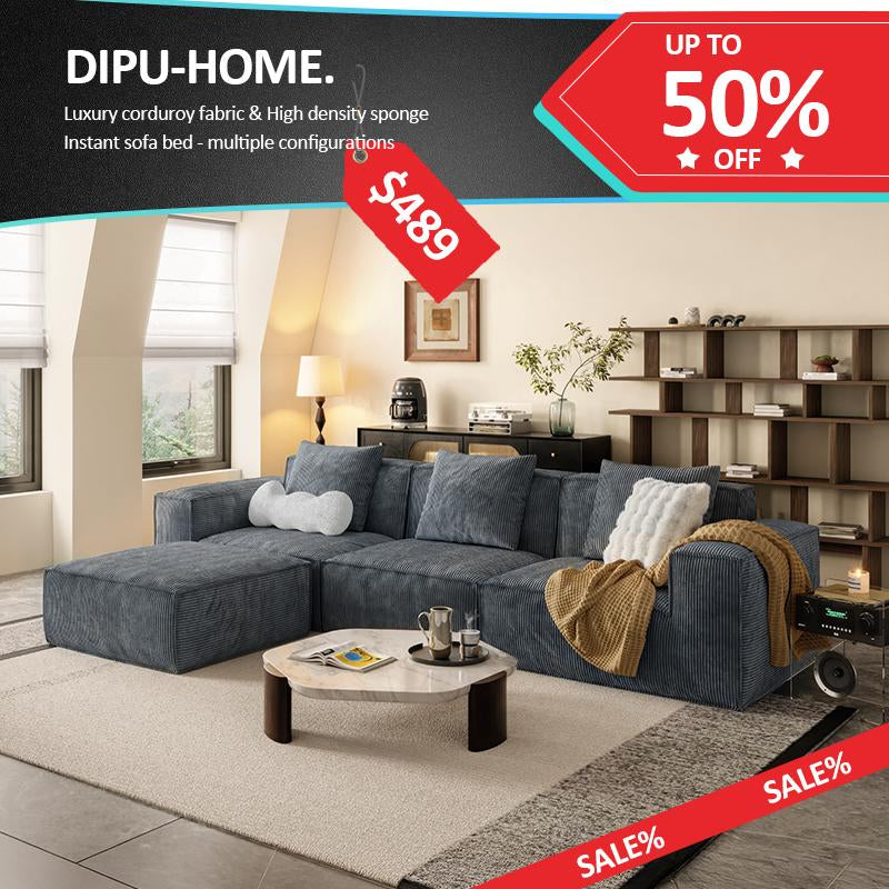 【Multi-Parcel Delivery】Dipu-Home. 118-Inch Modular Sofa Can Be Converted into an Oversized Sofa Bed - Free Conversion Sofa Set Flexible Configuration, Soft Corduroy Cloud Velvet Fabric, High-Density Rebound Sponge, No Assembly Required, 4-Seater