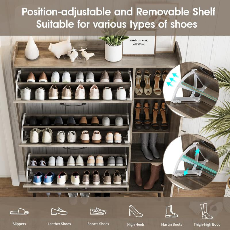 [Mother'S Day] Vabches Shoe Storage Cabinet with 3 Flip Drawers & Mirror, Freestanding Shoe Organizer with 5 Wooden Legs, Slim Shoe Rack Cabinet with Shelves and Door for Entryway, Hallway, Living Room