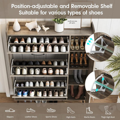 [Mother'S Day] Vabches Shoe Storage Cabinet with 3 Flip Drawers & Mirror, Freestanding Shoe Organizer with 5 Wooden Legs, Slim Shoe Rack Cabinet with Shelves and Door for Entryway, Hallway, Living Room