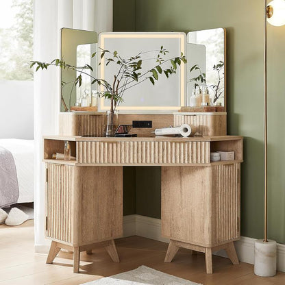 Fluted Makeup Vanity Desk with 3 Way Mirror and Lights, 48" Large Corner Vanity Table with Glass Top, Charging Station, 3 Drawers, Storage Cabinets & Shelves, for Bedroom, Natural Oak