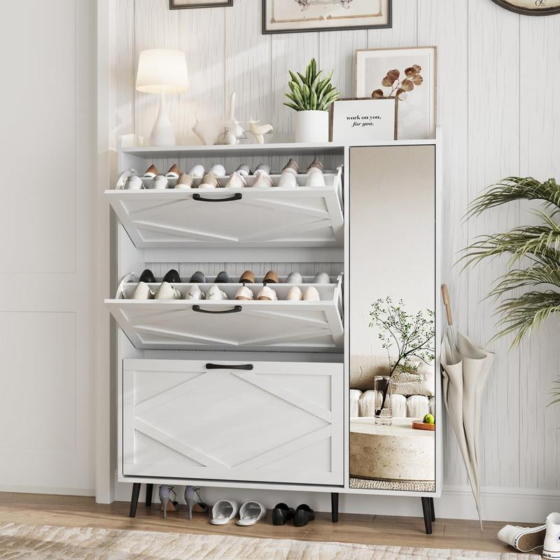 [Mother'S Day] Vabches Shoe Storage Cabinet with 3 Flip Drawers & Mirror, Freestanding Shoe Organizer with 5 Wooden Legs, Slim Shoe Rack Cabinet with Shelves and Door for Entryway, Hallway, Living Room