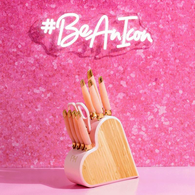 Paris Hilton 10-Piece Heart-Shaped Stainless Steel Knife Block Set, Pink, Kitchen Essential