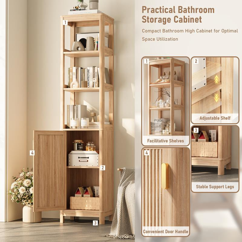 68'' Bathroom Storage Cabinet with Adjustable Shelves, Corner Cabinet for Bathroom, Tall Narrow, Kitchen & Living Room, Space-Saving Organizer with Door Natural Oak