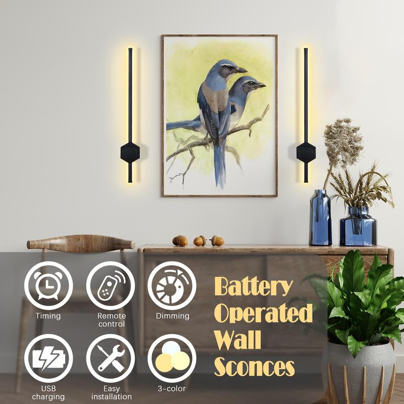 Battery Operated Wall Sconces Set of Two, USB Rechargeable Wall Lights with Remote Control, Dimmable Wireless Wall Lamp, 3 Color Mood Light for Hallway Living Room Bedroom