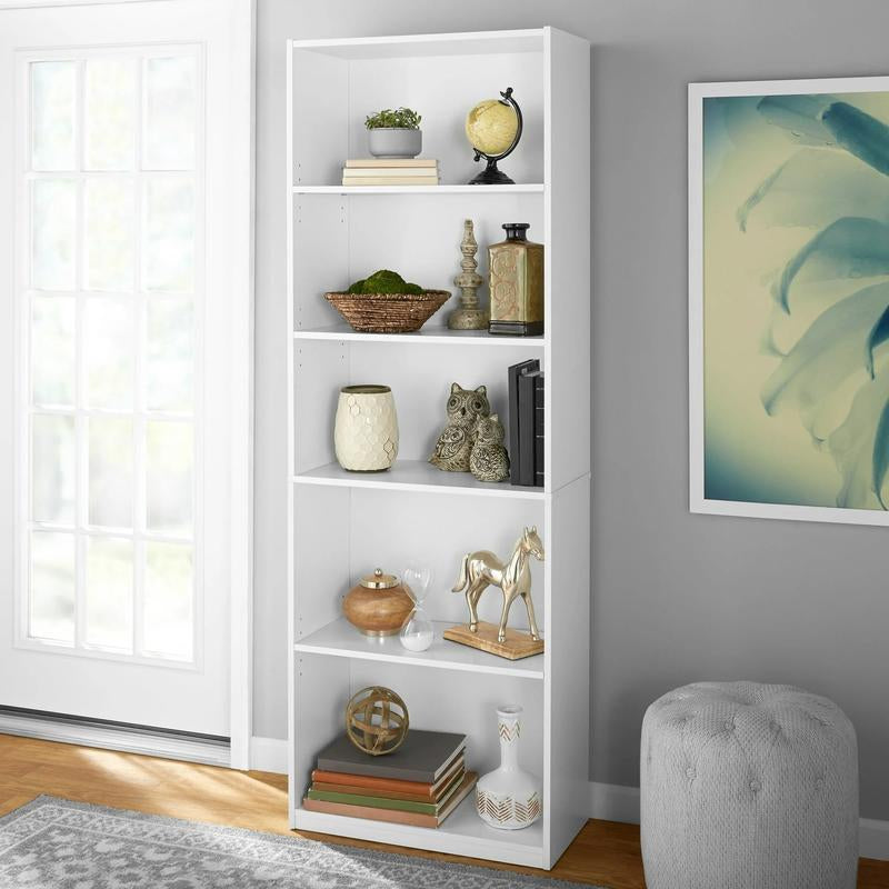 The 5 Drawer Bookcase with Adjustable Shelves Is a Sturdy Storage Unit with a Closed Back Design. the Cabinet Has a Glossy White Finish and Is Perfect for Storing Books, Papers and Decorative Items. the Bookcase Mounts to the Wall.