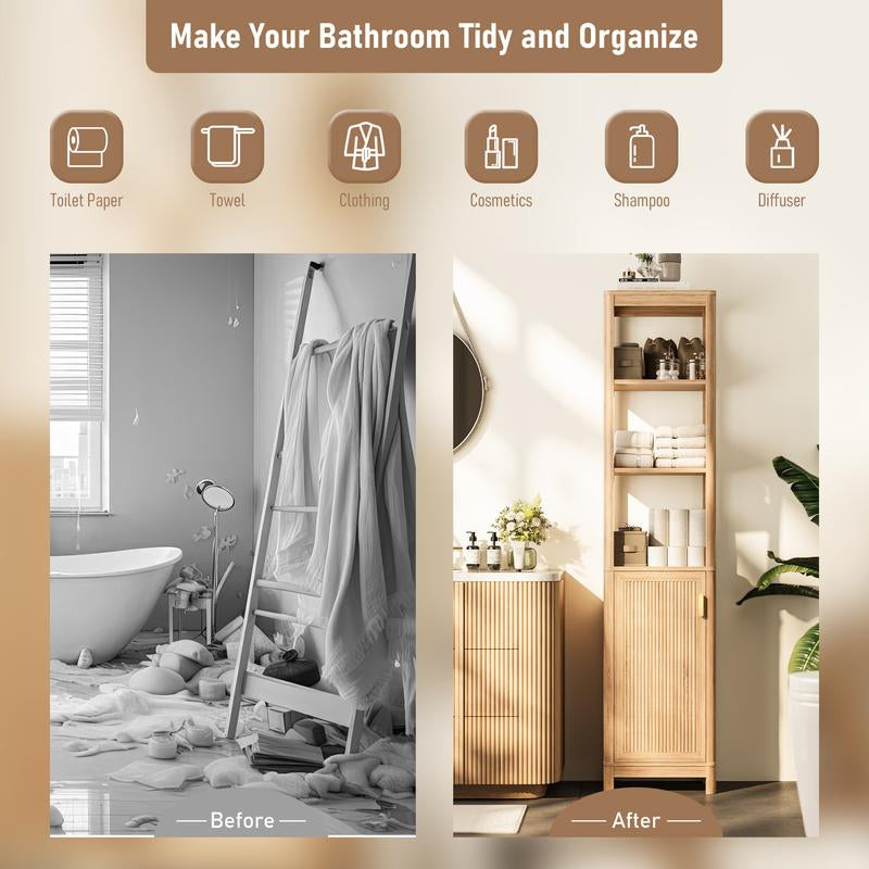 68'' Bathroom Storage Cabinet with Adjustable Shelves, Corner Cabinet for Bathroom, Tall Narrow, Kitchen & Living Room, Space-Saving Organizer with Door Natural Oak