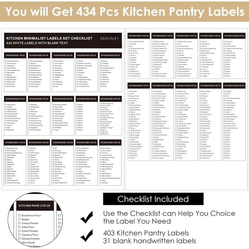434 Count Kitchen Pantry Labels for Containers with DIY Blank Labels,3 Sizes Preprinted Minimalist Pantry Kitchen Labels, Pantry Kitchen Organization Labels for Jar, Bottles,Boxes