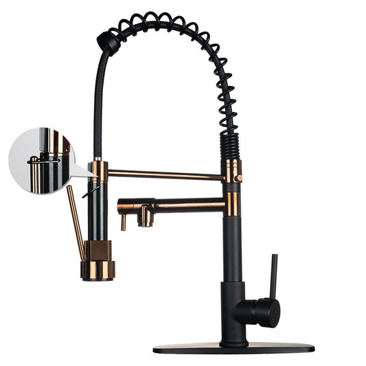 NGNP Kitchen Faucet with Pull-Down Spray, Single Handle Double Outlet Commercial Kitchen Sink Faucet, Solid Copper Body, Compatible with Deck 1 or 3 Holes Sprayer Black Steel High Arc Out