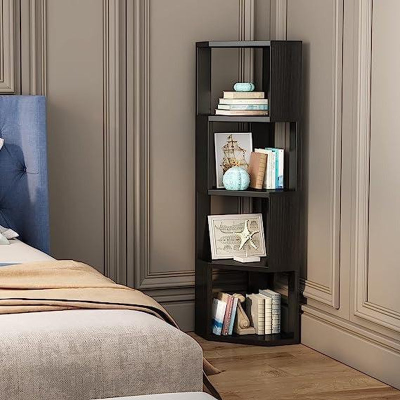 5-Tier Corner Shelf Wooden Bookcase ，Standing Tall Corner Bookshelf Display Unit Storage Rack， Living Room and Home Office Furniture