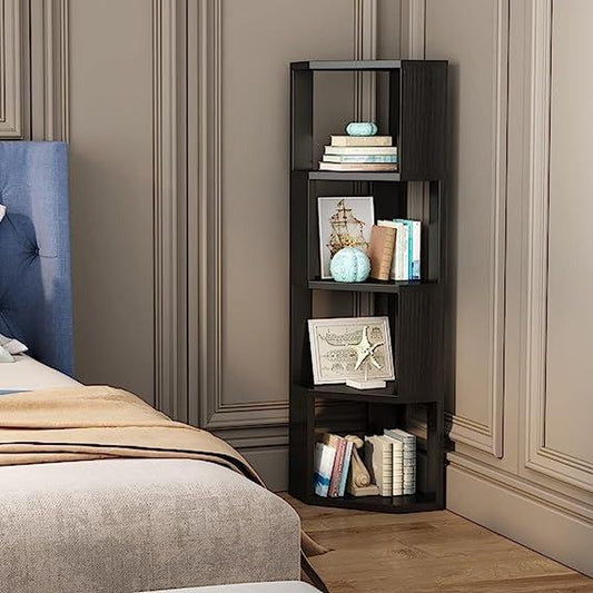 5-Tier Corner Shelf Wooden Bookcase ，Standing Tall Corner Bookshelf Display Unit Storage Rack， Living Room and Home Office Furniture