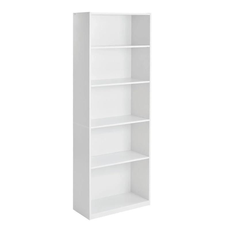 The 5 Drawer Bookcase with Adjustable Shelves Is a Sturdy Storage Unit with a Closed Back Design. the Cabinet Has a Glossy White Finish and Is Perfect for Storing Books, Papers and Decorative Items. the Bookcase Mounts to the Wall.