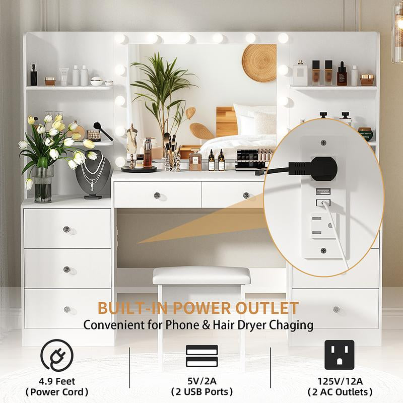 VOWNER Modern Makeup Vanity Desk with Lighted Mirror and Sturdy Stool,Makeup Table Sets with Drawers and Shelves Vanity Mirror Furniture Bedroom