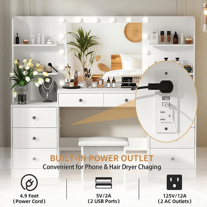 VOWNER Modern Makeup Vanity Desk with Lighted Mirror and Sturdy Stool,Makeup Table Sets with Drawers and Shelves Vanity Mirror Furniture Bedroom