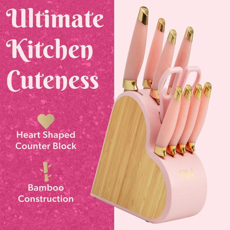 Paris Hilton 10-Piece Heart-Shaped Stainless Steel Knife Block Set, Pink, Kitchen Essential