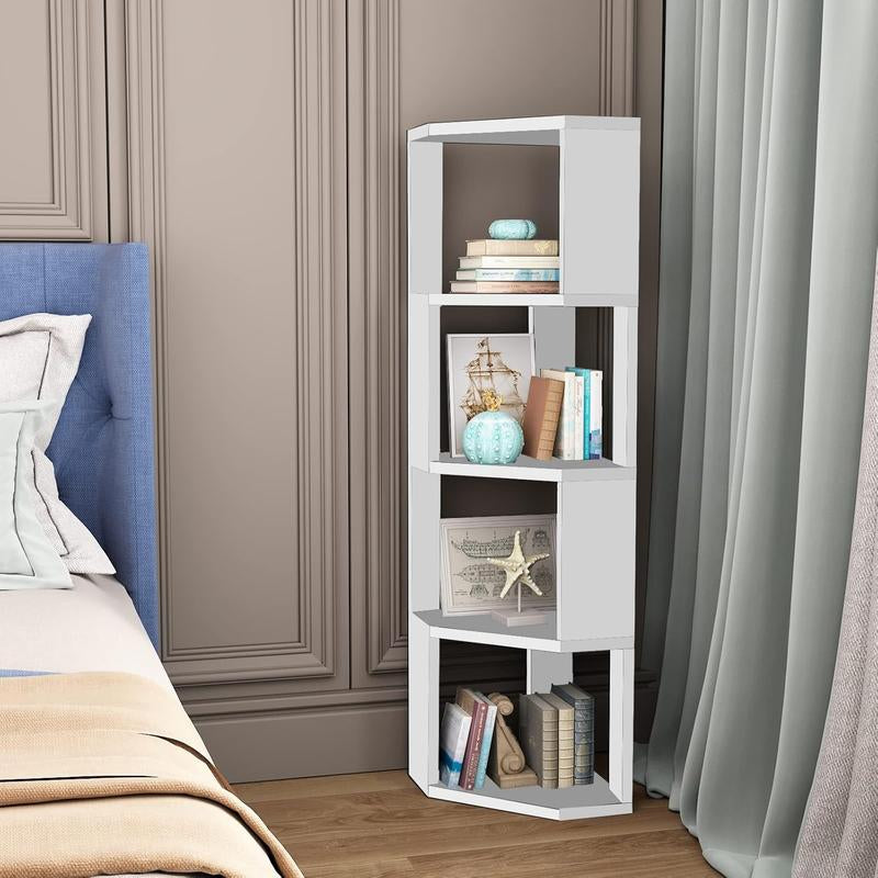 5-Tier Corner Shelf Wooden Bookcase ，Standing Tall Corner Bookshelf Display Unit Storage Rack， Living Room and Home Office Furniture