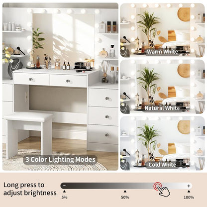 VOWNER Modern Makeup Vanity Desk with Lighted Mirror and Sturdy Stool,Makeup Table Sets with Drawers and Shelves Vanity Mirror Furniture Bedroom