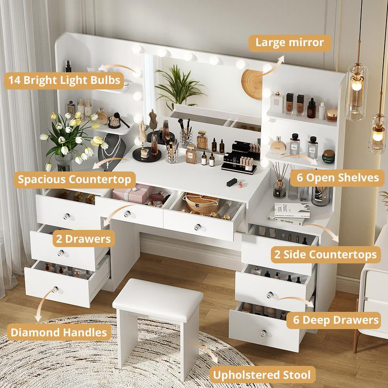 VOWNER Modern Makeup Vanity Desk with Lighted Mirror and Sturdy Stool,Makeup Table Sets with Drawers and Shelves Vanity Mirror Furniture Bedroom