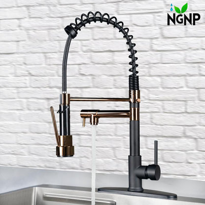 NGNP Kitchen Faucet with Pull-Down Spray, Single Handle Double Outlet Commercial Kitchen Sink Faucet, Solid Copper Body, Compatible with Deck 1 or 3 Holes Sprayer Black Steel High Arc Out