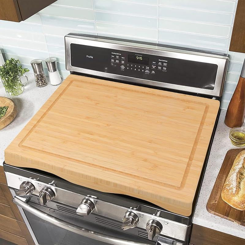 Stove Cover Board for Gas Stovetop - Raised Cutting Board with Legs and Juice Grooves, Adjustable Noodle Board Stove Cover for RV Stove Top (29.52"X21.65") Chopping Kitchen Knives Bamboo Oil Wooden