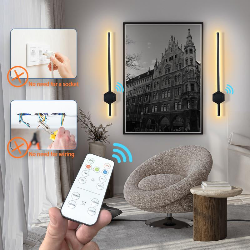 Battery Operated Wall Sconces Set of Two, USB Rechargeable Wall Lights with Remote Control, Dimmable Wireless Wall Lamp, 3 Color Mood Light for Hallway Living Room Bedroom