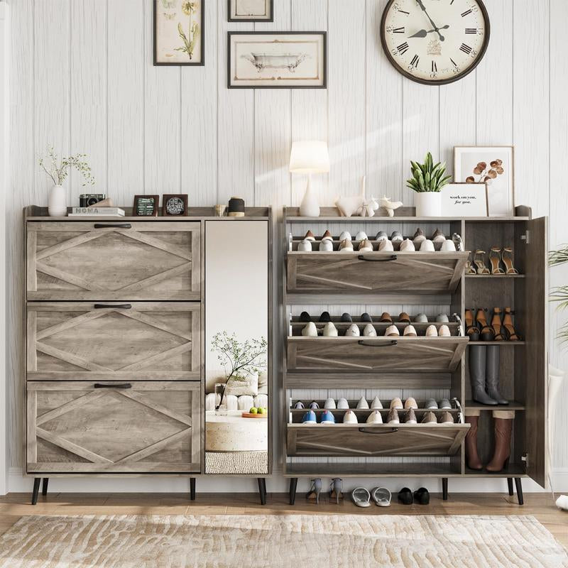 [Mother'S Day] Vabches Shoe Storage Cabinet with 3 Flip Drawers & Mirror, Freestanding Shoe Organizer with 5 Wooden Legs, Slim Shoe Rack Cabinet with Shelves and Door for Entryway, Hallway, Living Room