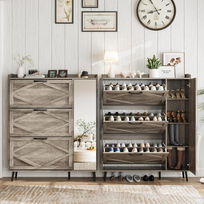 [Mother'S Day] Vabches Shoe Storage Cabinet with 3 Flip Drawers & Mirror, Freestanding Shoe Organizer with 5 Wooden Legs, Slim Shoe Rack Cabinet with Shelves and Door for Entryway, Hallway, Living Room