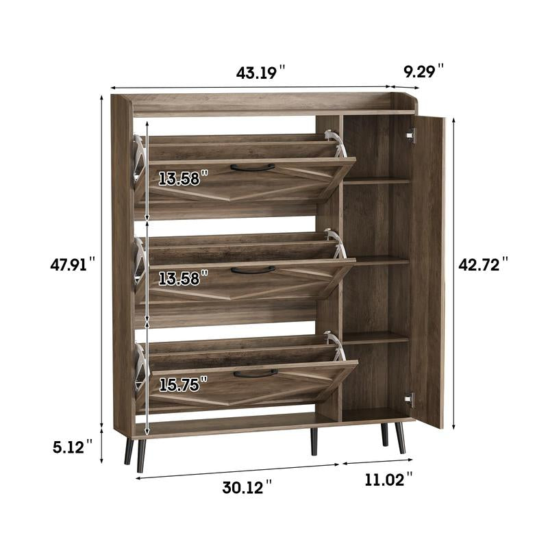[Mother'S Day] Vabches Shoe Storage Cabinet with 3 Flip Drawers & Mirror, Freestanding Shoe Organizer with 5 Wooden Legs, Slim Shoe Rack Cabinet with Shelves and Door for Entryway, Hallway, Living Room