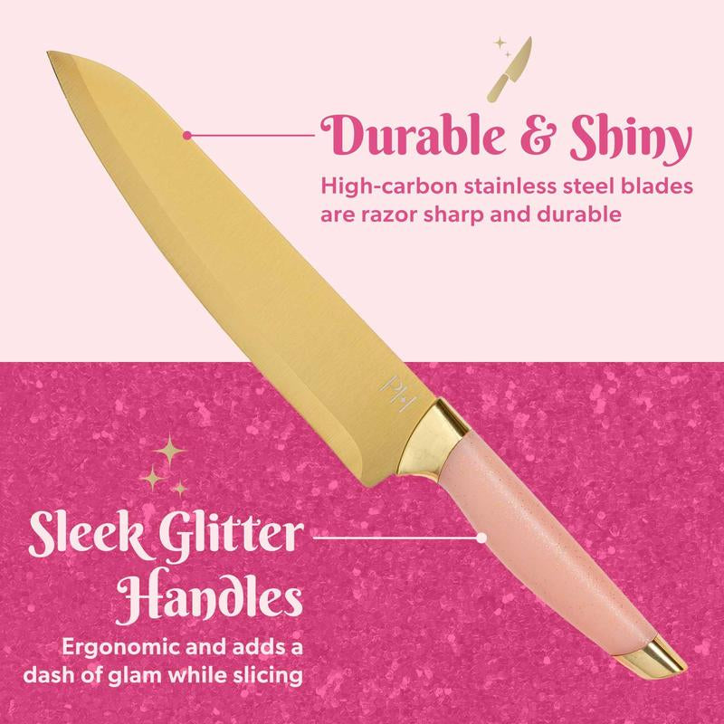 Paris Hilton 10-Piece Heart-Shaped Stainless Steel Knife Block Set, Pink, Kitchen Essential