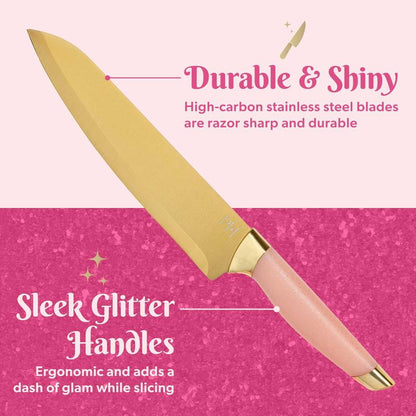 Paris Hilton 10-Piece Heart-Shaped Stainless Steel Knife Block Set, Pink, Kitchen Essential