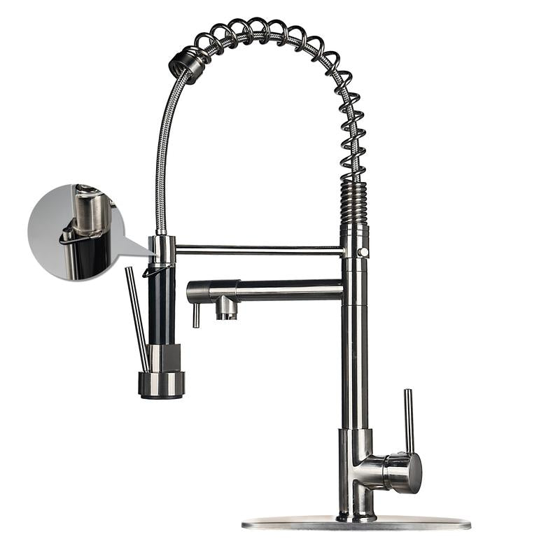 NGNP Kitchen Faucet with Pull-Down Spray, Single Handle Double Outlet Commercial Kitchen Sink Faucet, Solid Copper Body, Compatible with Deck 1 or 3 Holes Sprayer Black Steel High Arc Out