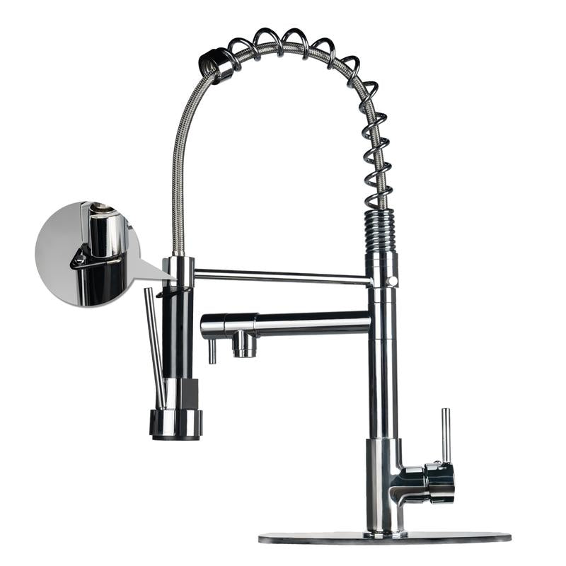 NGNP Kitchen Faucet with Pull-Down Spray, Single Handle Double Outlet Commercial Kitchen Sink Faucet, Solid Copper Body, Compatible with Deck 1 or 3 Holes Sprayer Black Steel High Arc Out