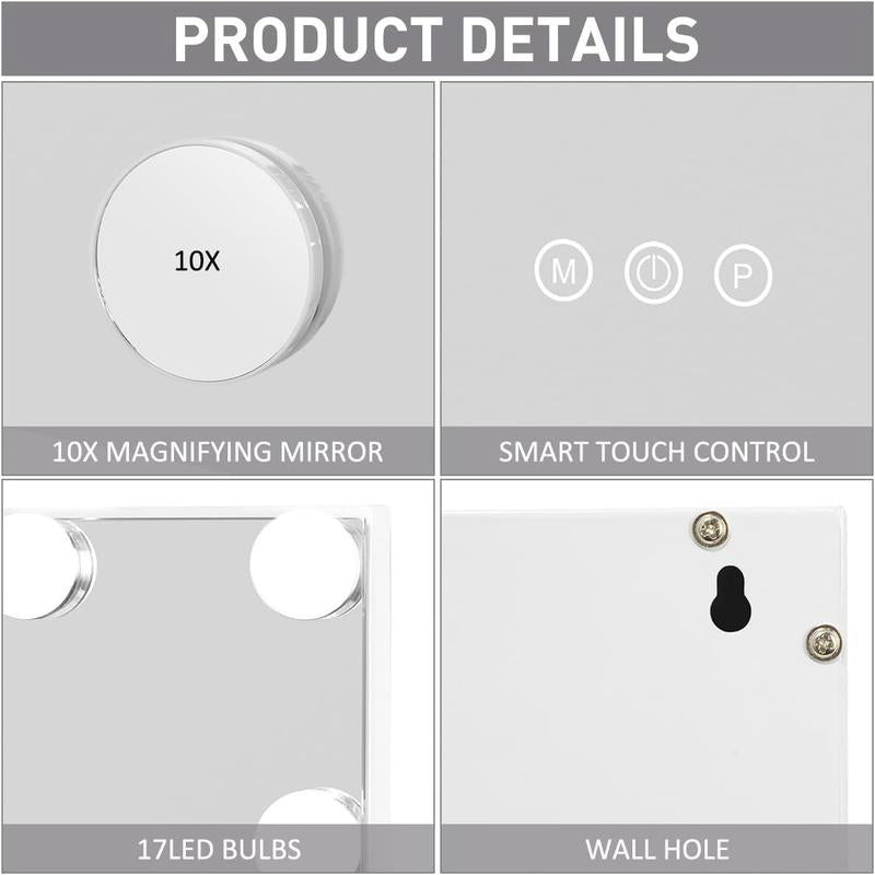 Vanity Lighted Mirror, Hollywood Makeup Mirror with Lights,Large Vanity Mirror with Lights,17 Dimmable LED Bulbs, Touch Control,Mirror with USB Outlet, White(L23.6''Xh20'')