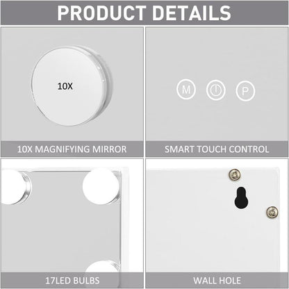 Vanity Lighted Mirror, Hollywood Makeup Mirror with Lights,Large Vanity Mirror with Lights,17 Dimmable LED Bulbs, Touch Control,Mirror with USB Outlet, White(L23.6''Xh20'')