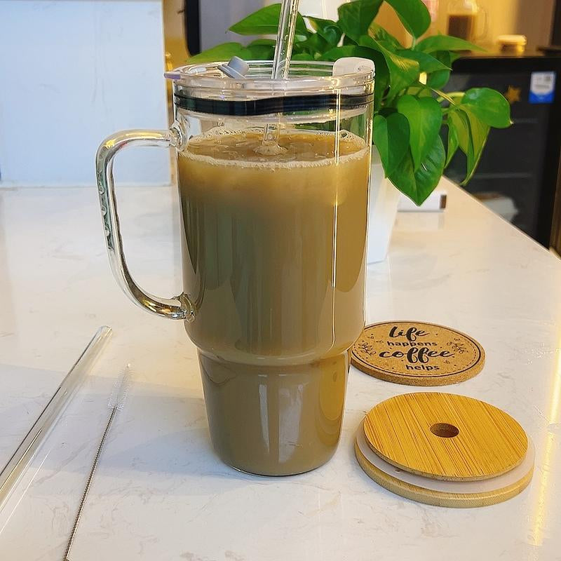 40Oz Glass Tumbler with Leakproof Plastic Lid & Straw – Spill-Proof Design, Easy to Clean, No Mold! Reusable Iced Coffee Cup for Car, Summer Drinkware, Durable Bpa-Free Travel Mug with Handle – Great Gift for Dad, Mom, Easter & Holidays Water Bottles