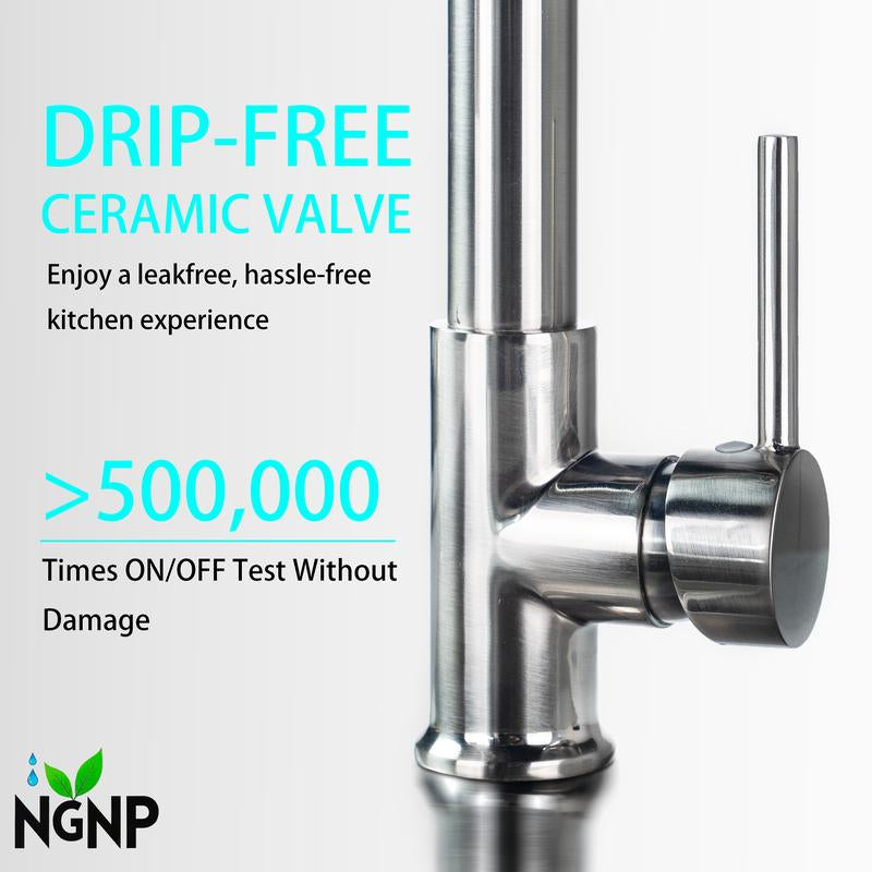 NGNP Kitchen Faucet with Pull-Down Spray, Single Handle Double Outlet Commercial Kitchen Sink Faucet, Solid Copper Body, Compatible with Deck 1 or 3 Holes Sprayer Black Steel High Arc Out