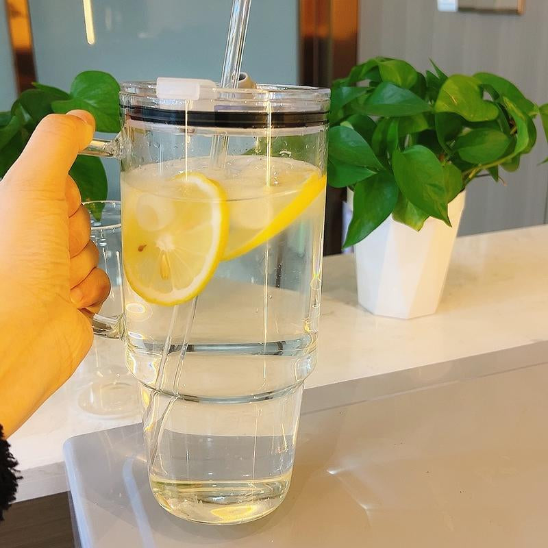 40Oz Glass Tumbler with Leakproof Plastic Lid & Straw – Spill-Proof Design, Easy to Clean, No Mold! Reusable Iced Coffee Cup for Car, Summer Drinkware, Durable Bpa-Free Travel Mug with Handle – Great Gift for Dad, Mom, Easter & Holidays Water Bottles